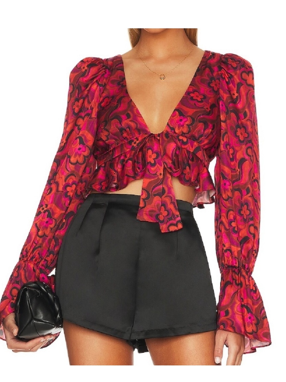 For Love & Lemons Funky Floral Red Flare Davina Tie Front Blouse NWOT Size S